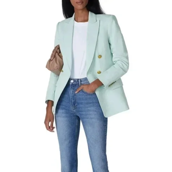 PRICE DROP! A.L.C. Sedgwick Mint Green Cotton Linen Double Breasted Blazer - Picture 9 of 9